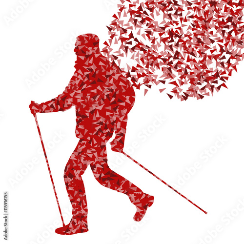 Man hiking adventure nordic walking with poles vector red illust