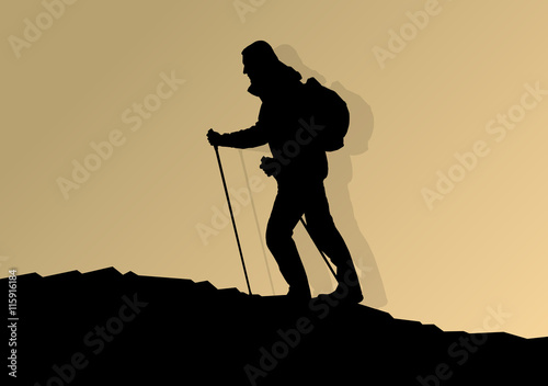 Man hiking in mountains adventure nordic walking with poles in n