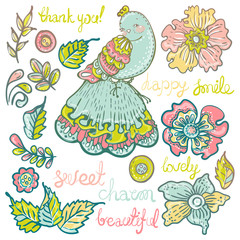 Collection of colorful doodle floral elements and bird
