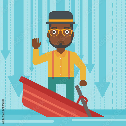 Businessman standing in sinking boat.