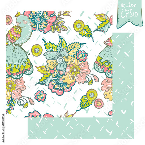 Seamless Floral Card with bird