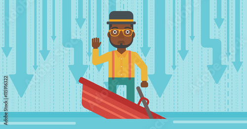 Businessman standing in sinking boat.