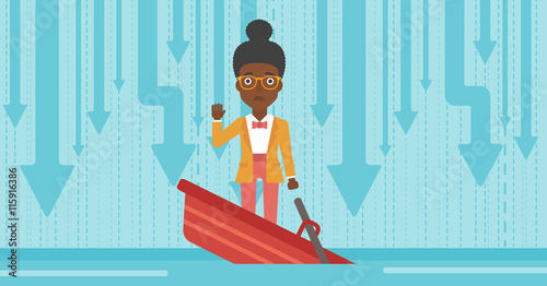 Business woman standing in sinking boat.