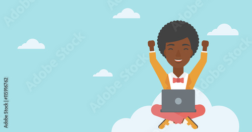 Woman on cloud with laptop vector illustration.