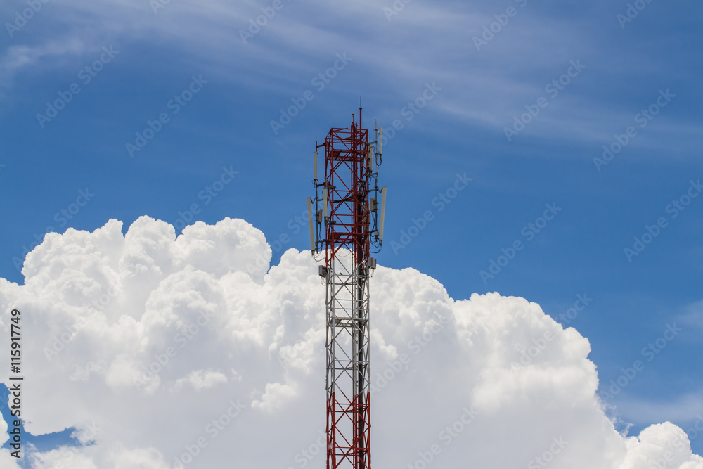 Telecommunications tower. Mobile phone base station with blue sky Telecommunications tower. Mobile phone base station with blue sky