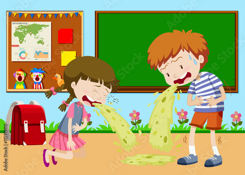 Boy and girl vomitting in classroom