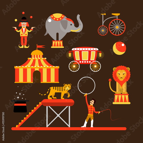 Vector set of circus artists, acrobats and animals isolated on white background.