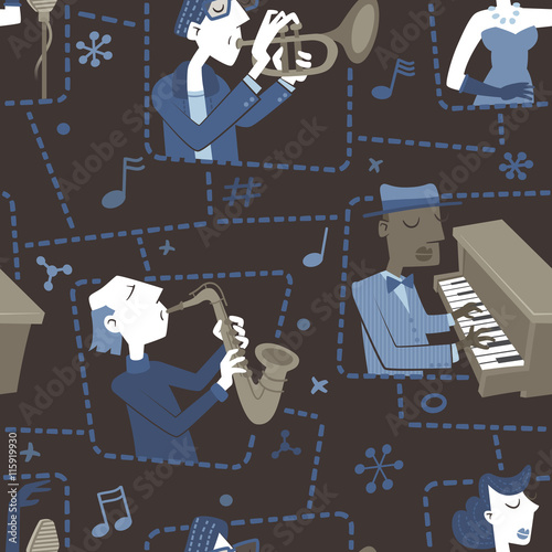 Jazz musicians. Vector seamless pattern. Background made with retro style illustrations of various jazz musicians.