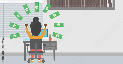 Successful business woman under money rain.