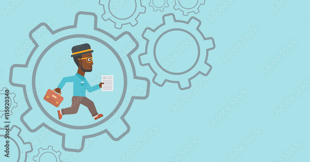 Businessman running inside the gear. Businessman running inside the gear.
