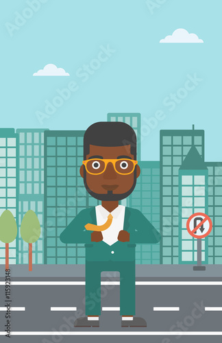 Business man opening his jacket like superhero.