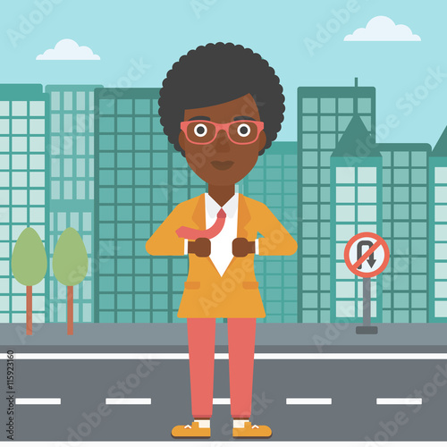 Business woman opening her jacket like superhero.