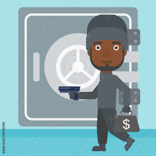 Burglar with gun near safe vector illustration.