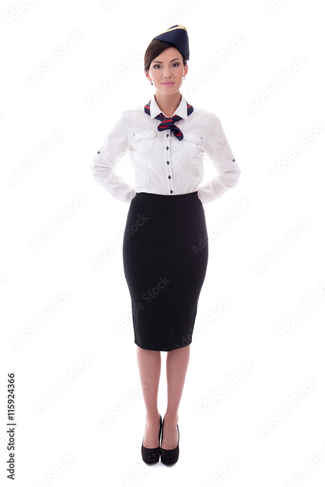 portrait of stewardess in uniform isolated on white portrait of stewardess in uniform isolated on white