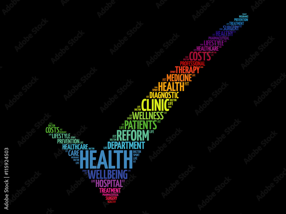 Colorful HEALTH check mark, theme of medicine, health, beauty and lifestyle concept word cloud Colorful HEALTH check mark, theme of medicine, health, beauty and lifestyle concept word cloud