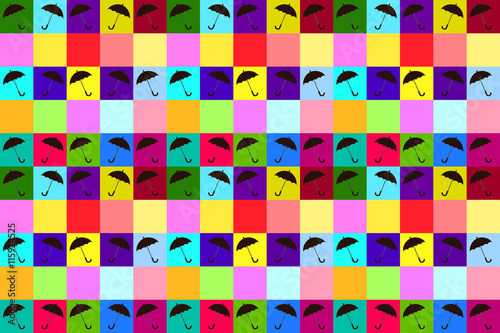 The background of colorful squares and black umbrellas