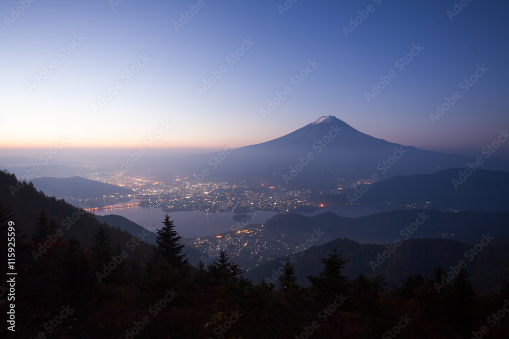 View of Mountain Fuji and Kawaguchiko lake in morning autumn season seen from Shindotoge view point