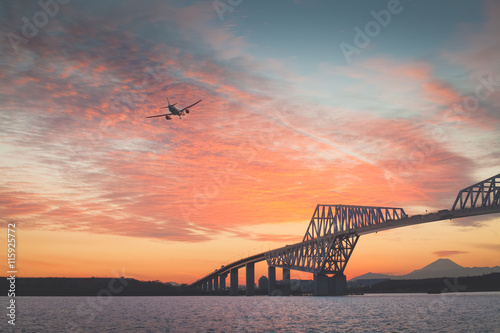 Photography Tokyo gate bridge and Mt.Fuji at beautiful sunset in winter