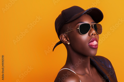 Beautiful african girl wearing baseball cap and sunglasses