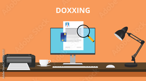 doxxing concept with personal data information search with pc computer and magnifying glass