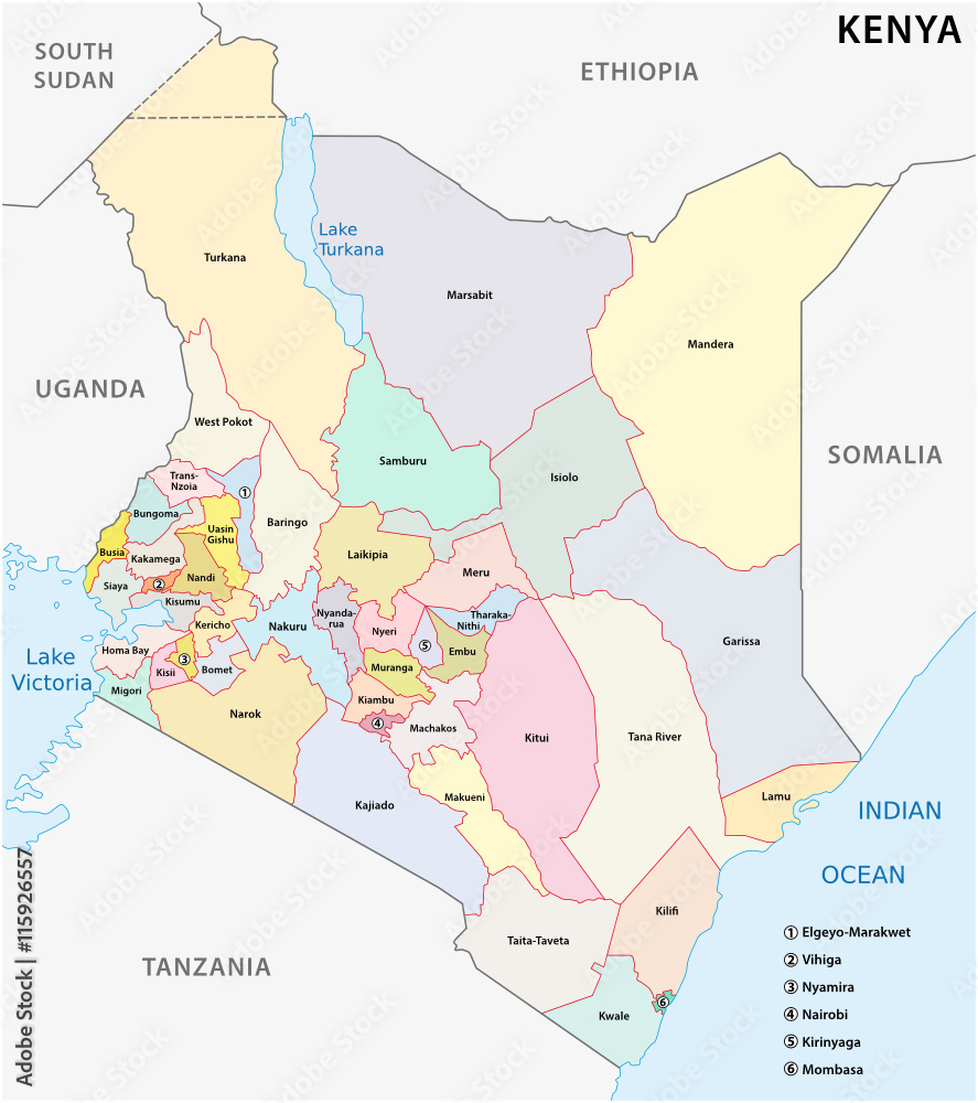 vector administrative and political map of the Republic of Kenya