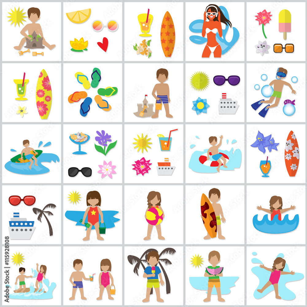 Summer Kids Icons Set: Vector Illustration, Graphic Design. For Web, Websites, Print, Presentation Templates, Mobile Applications And Promotional Materials
