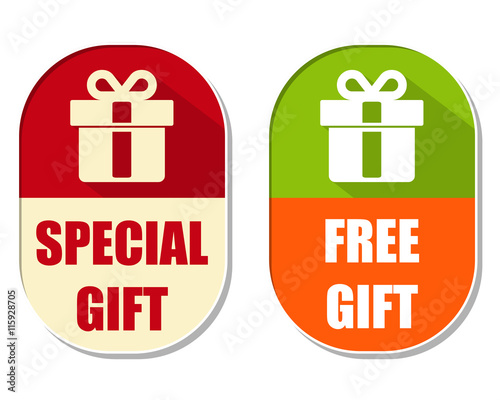special and free gift with present box sign, two elliptical labe