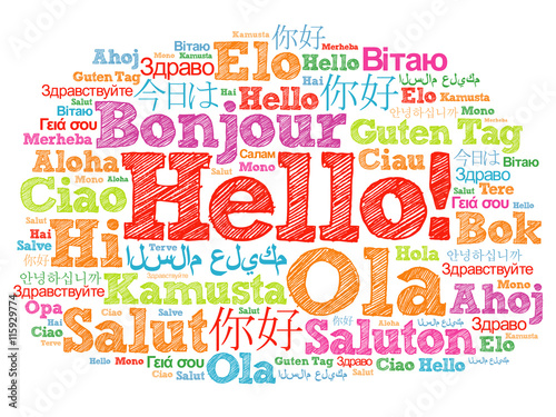 Hello word cloud in different languages of the world, background concept photo