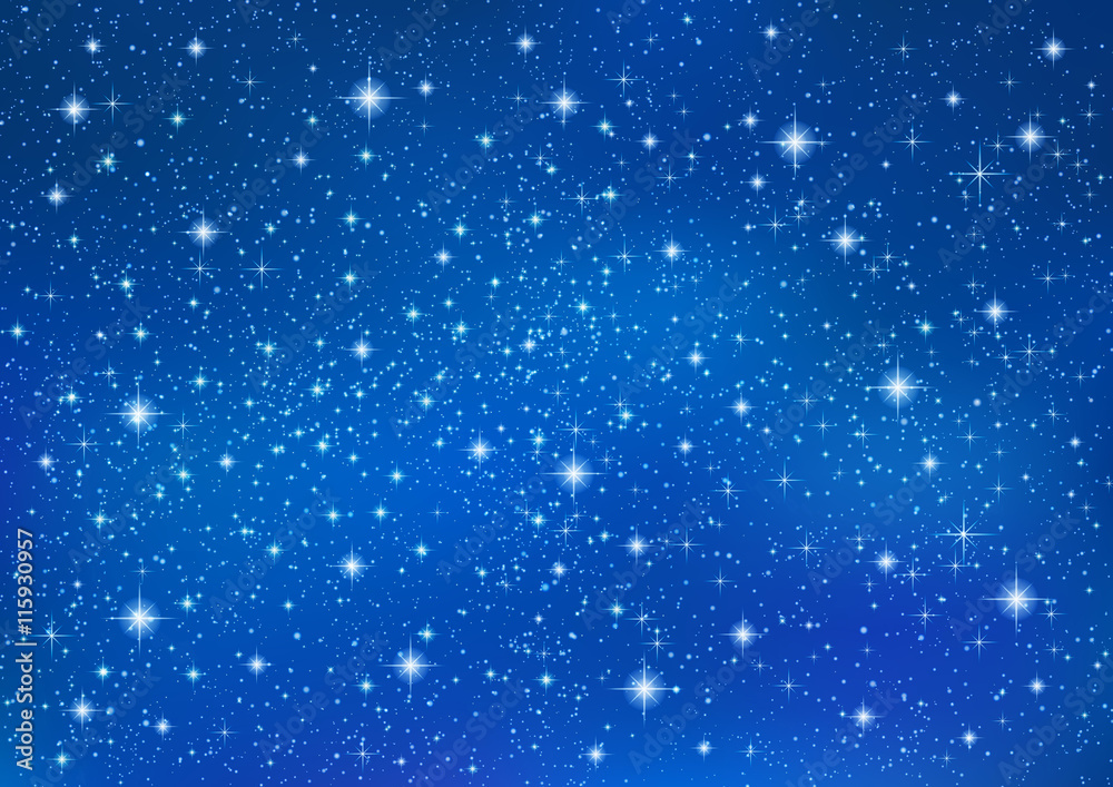 Sparkling twinkling Stars on abstract Blue background. Cosmic shiny galaxy (atmosphere). Holiday blank backdrop texture for Christmas (Xmas), Happy New Year , glow milky way elements (fantasy sky)