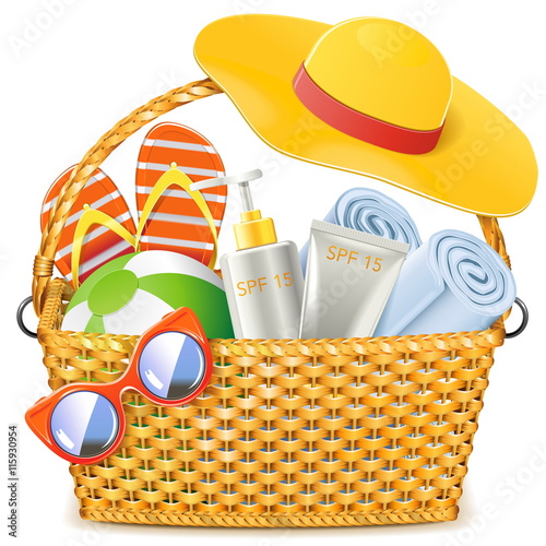 Vector Wicker Basket with Beach Accessories