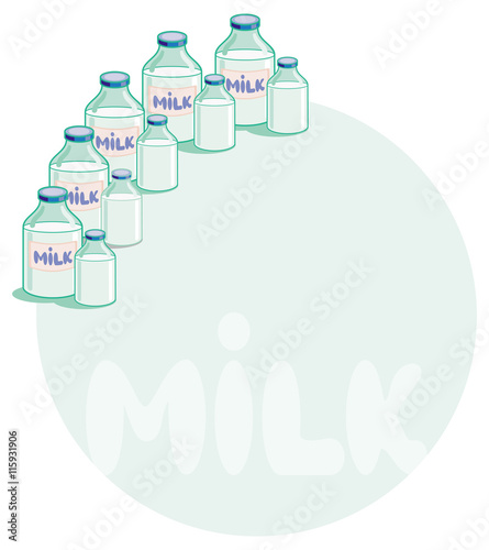 Round label with bottles of milk.Vector clip art.