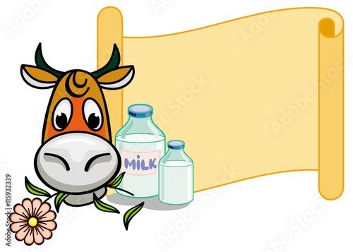 Paper scroll background with a funny cartoon cow. Vector clip art.