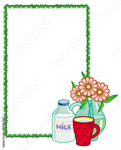 Vertical frame with bottle of milk and a cup.Vector clip art.