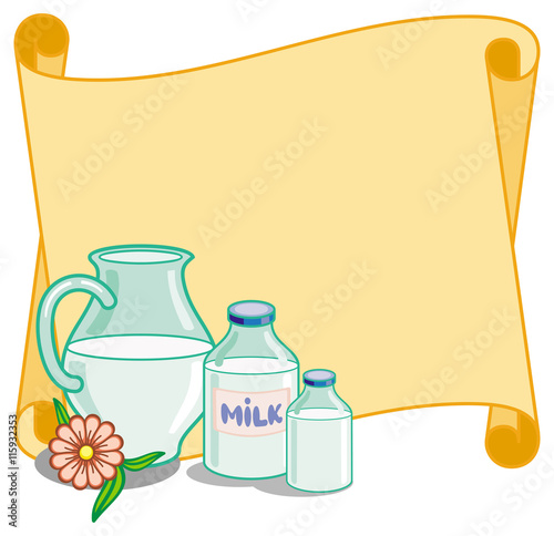 Paper scroll background with bottles of milk and jag. Vector clip art.