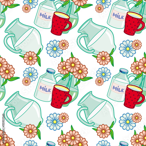 Seamless pattern with milk jugs. Vector clip art.