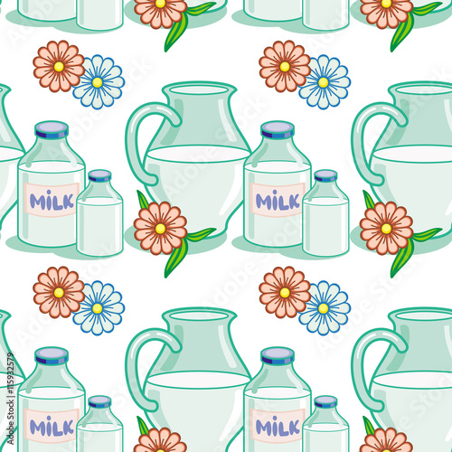 Seamless pattern with milk jugs. Vector clip art.