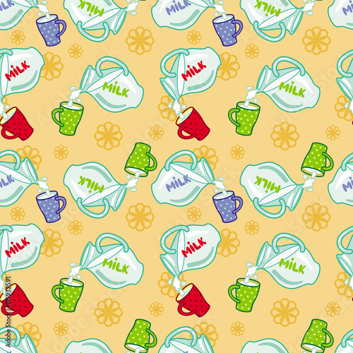 Seamless pattern with milk jugs. Vector clip art.