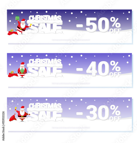 Concept banner Christmas sale for design price label or poster with Santa Claus and text from big letters on snow. Vector illustration