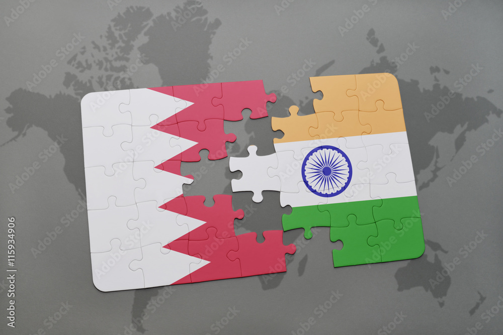 puzzle with the national flag of bahrain and india on a world map ...