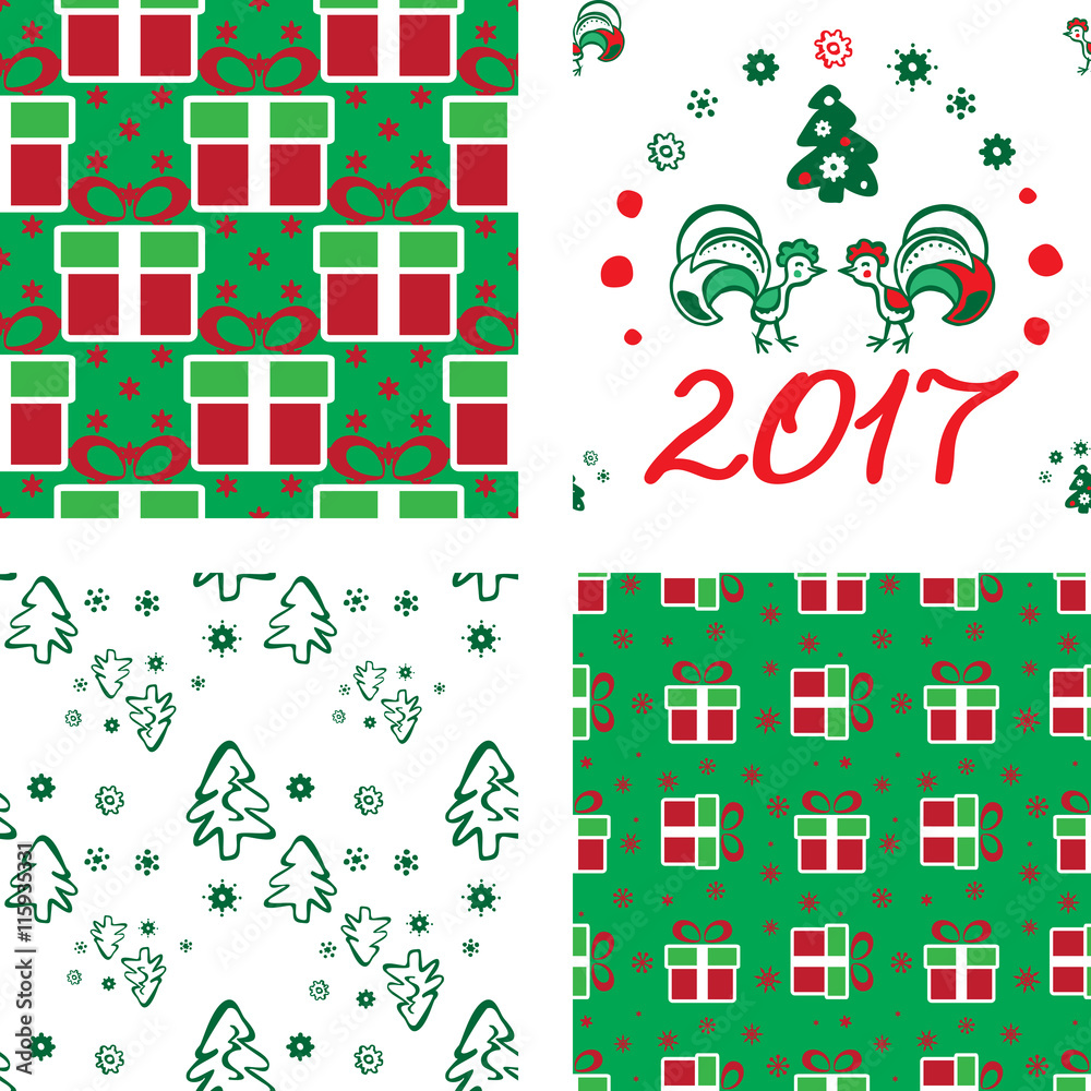 Christmas background with a roosters and gifts Christmas background with a roosters and gifts