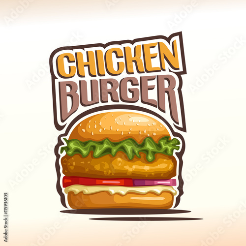 Vector logo chickenburger, consisting of a bun with sesame seeds, meat chicken hamburger fried patty, red onion, tomato slices, leaf lettuce salad, mayonnaise. Burger menu for american fast food cafe