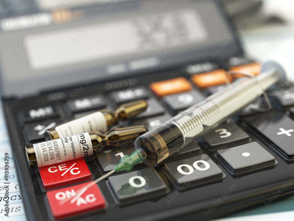 Health care costs concept. Syrringe with vaccine and calculator Health care costs concept. Syrringe with vaccine and calculator