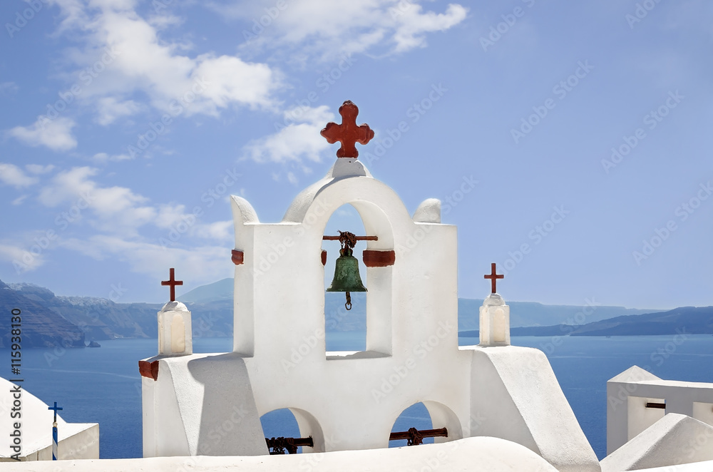 White belfry in the Santorini Island, Cyclades in Greece.
