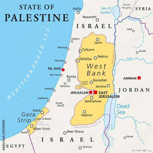 State of Palestine with designated capital East Jerusalem, claiming West Bank and Gaza Strip. Political map with borders and important places. Most areas are occupied by Israel. English labeling.