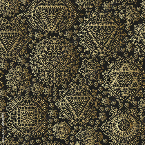 Seamless pattern with seven chakras. Oriental ornaments for henna tattoo and for your design. Buddhism decorative elements. Vector illustration.
