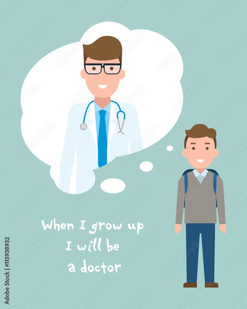 Kid wants to be a doctor poster. Smiling little boy chooses profession. Kid wants to be a doctor poster. Smiling little boy chooses profession.