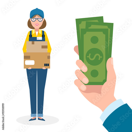 Handsome female cartoon character. Delivery woman gets money. Hand holding dollars for boxes. Happy smiling supplier or delivery aget.