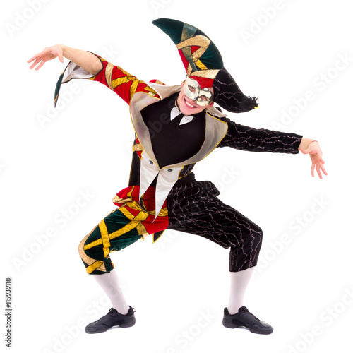Bild auf Leinwand harlequin wearing a mask, isolated on white background in full length