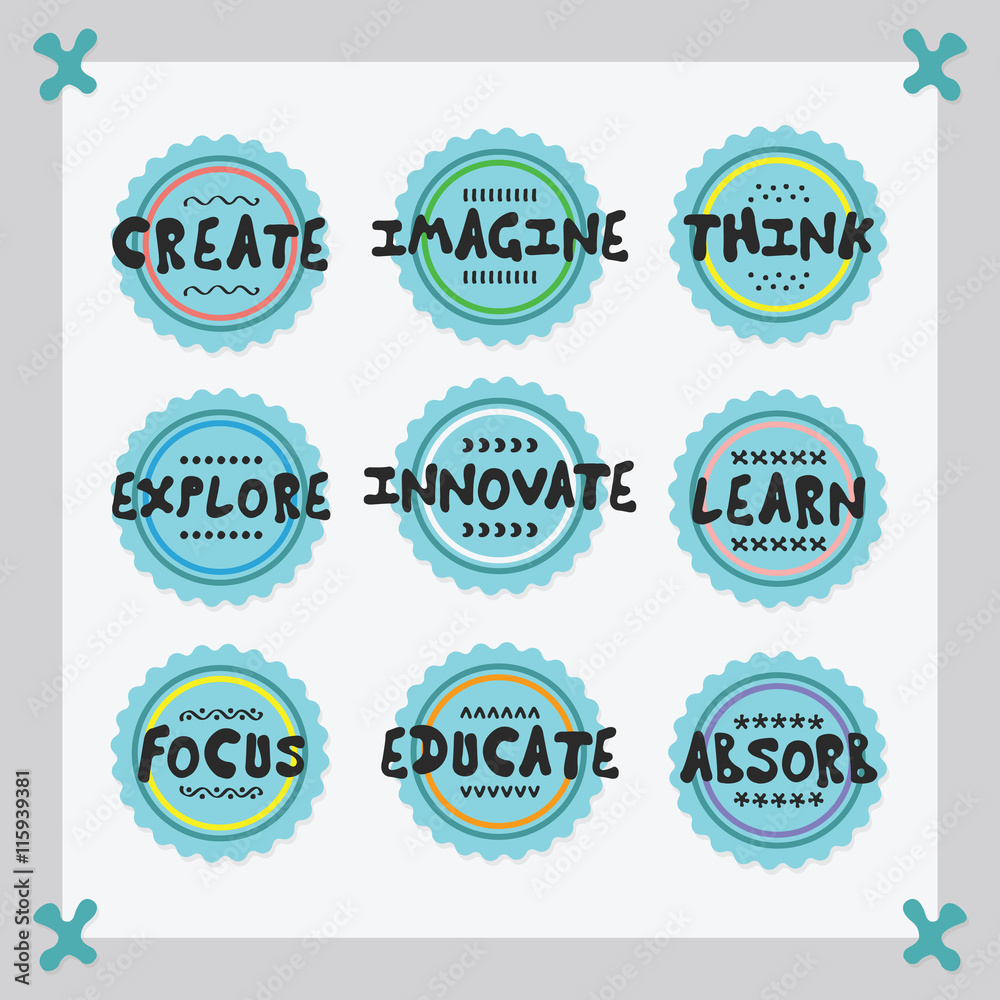Cute blue stickers and labels set with some black positive and inspirational messages