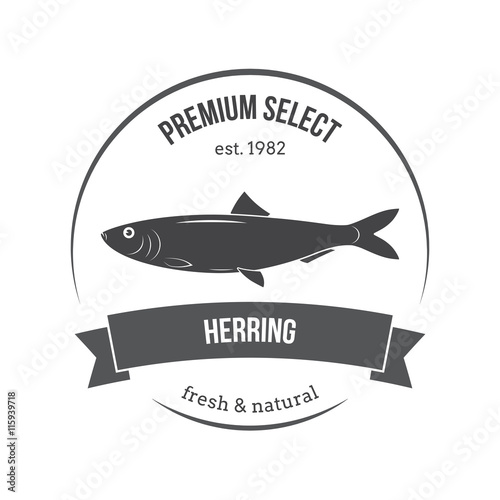Vector herring emblem, label. Template for stores, markets, food packaging. Seafood illustration.